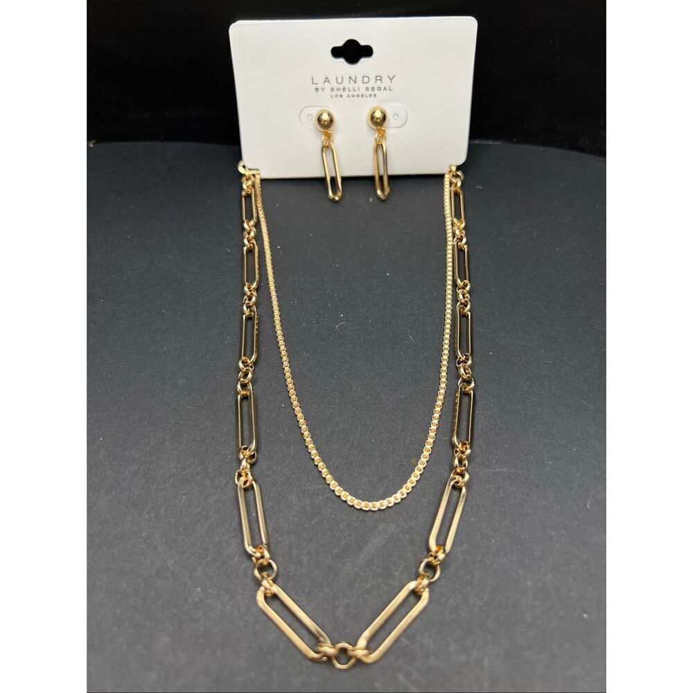 New! Laundry by Shelli Segal Gold Tone Layered Chain Necklace and Earring Set